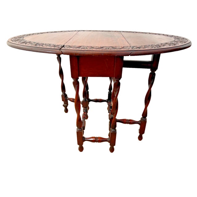 Gorgeous Hand Carved Antique Oval Gate Leg Kitchen Table with Drop side Leaves, Solid Mahogany, Barley Twist Legs. 28"...