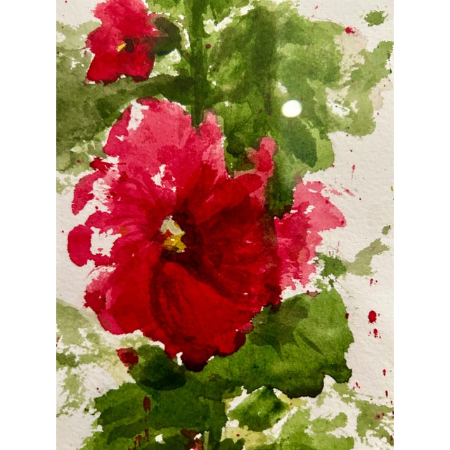 Wood Framed Original Watercolor Tall Painting “Hollyhocks” Framed For Sale - Image 7 of 12