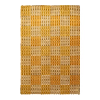 6'x9' Hand-Knotted Modern Tibetan Wool & Silk Cut-and-Loop Geometric Rug in Gold & Orange For Sale