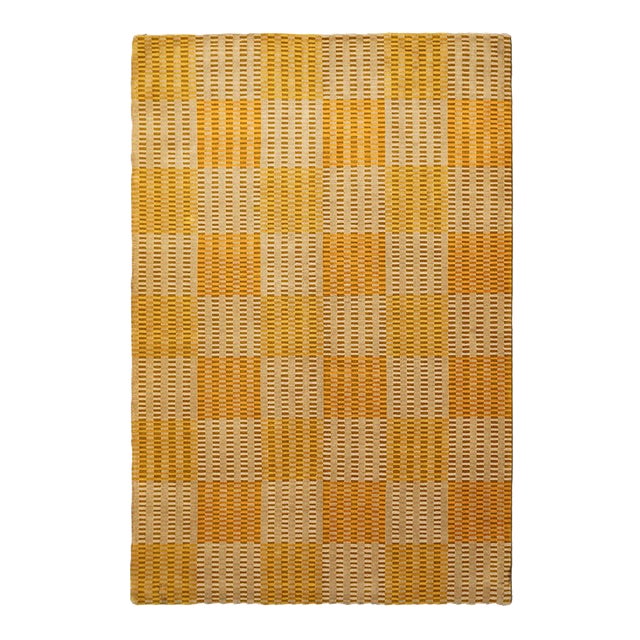 6'x9' Hand-Knotted Modern Tibetan Wool & Silk Cut-and-Loop Geometric Rug in Gold & Orange For Sale