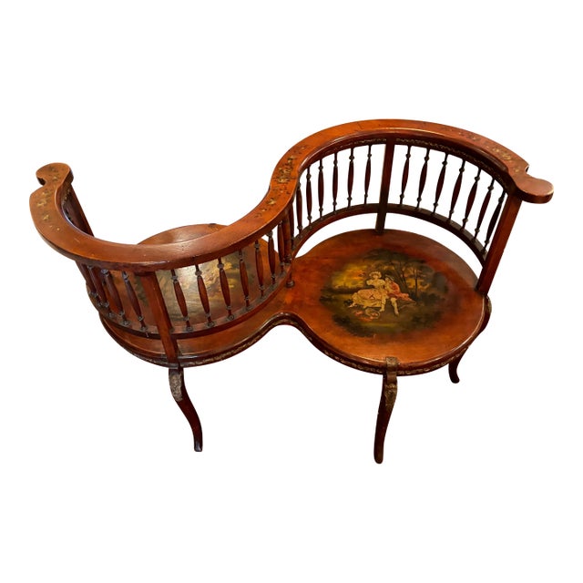 Antique Victorian Mahogany Tête-À-Tête Bench With Hand-Painted Panels & Ormolu Mounts [RGre] For Sale