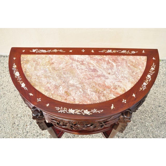 Wood Vintage Oriental Chinese Carved Hardwood Demilune Marble Top Console Hall Table For Sale - Image 7 of 11