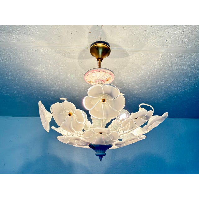 Vintage White Murano Style Floral Chandelier | Italian Art Deco Ceiling Light | 1980s Glass Flower Lighting For Sale - Image 15 of 17