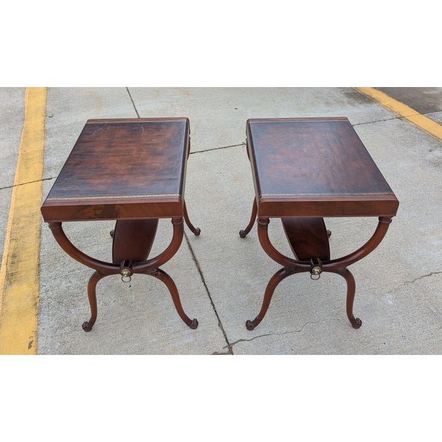 1950s Regency Leather Top Mahogany Side Table With Curule Legs - A Pair For Sale - Image 13 of 16