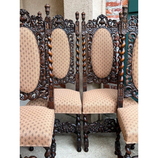 Set 4 Tall Antique French Dining Chairs Barley Twist Renaissance Carved Oak 1890 For Sale - Image 15 of 18