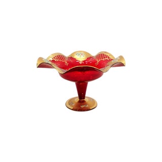 Red Glass Compote With Gold Detailing For Sale
