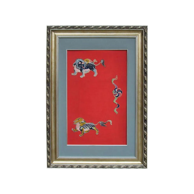 Antique Chinese Foo Dog Playing Fireball Embroidery Wall Decor For Sale