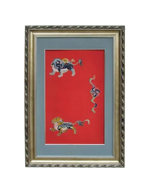 Antique Chinese Foo Dog Playing Fireball Embroidery Wall Decor