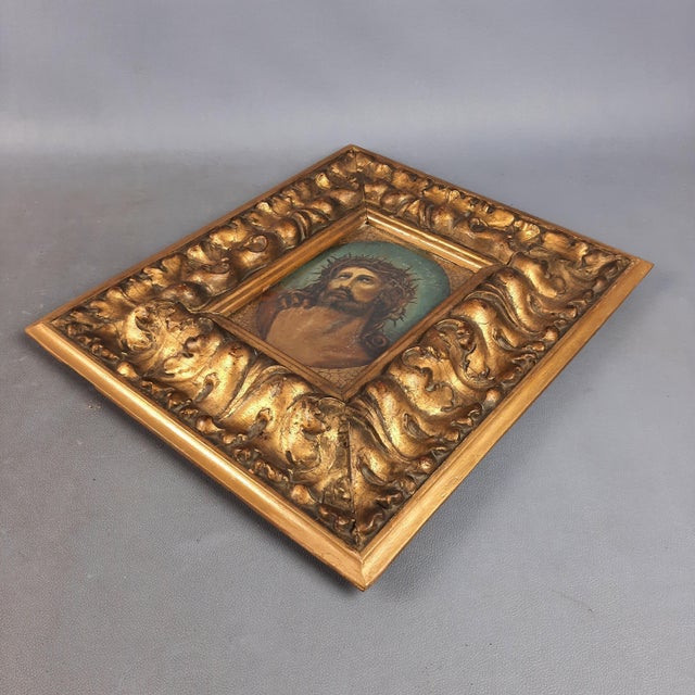 Framed Panel with Oil Painting of the Face of Christ, Early 1900s For Sale - Image 6 of 14