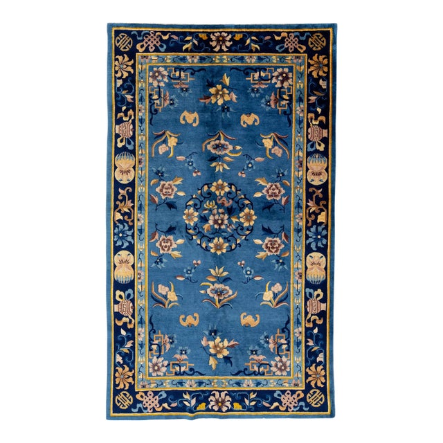 1960s Handmade Antique Peking Chinese Blue Wool Rug With Allover Floral Design For Sale