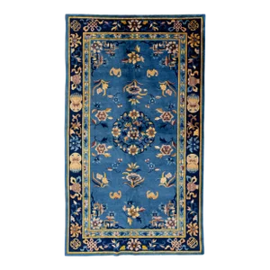1960s Handmade Antique Peking Chinese Blue Wool Rug With Allover Floral Design