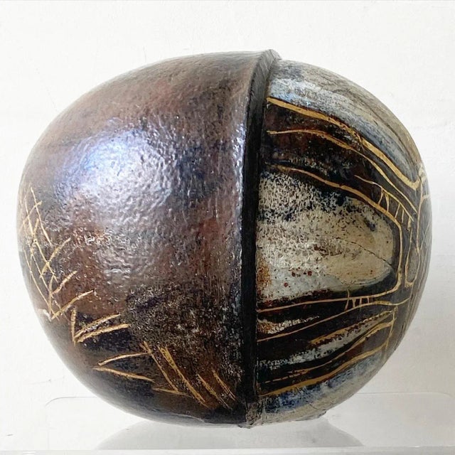 Mid Century Modern Brown Spherical Danish Pottery Vase For Sale - Image 4 of 7