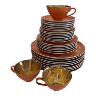 Vintage Dorothy C. Thorpe China Persimmon and Gold China Set- 31 Pieces For Sale