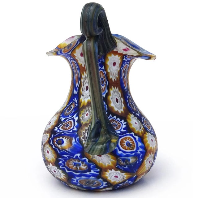 Glass Fratelli Toso Murano Millefiori Flowers Antique Italian Art Glass Ornate Handle Cabinet Vase Pitcher For Sale - Image 7 of 7