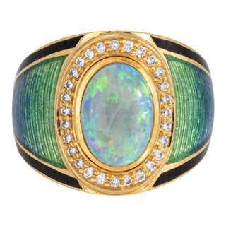 Natural Opal Diamond Ring Enamel Vintage 18k Yellow Gold Wide Cigar Band Sz 7 For Sale