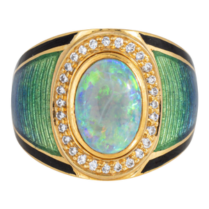 Natural Opal Diamond Ring Enamel Vintage 18k Yellow Gold Wide Cigar Band Sz 7