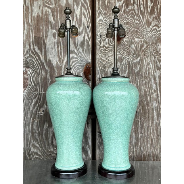 Late 20th Century Vintage Regency Crackle Glaze Lamps - a Pair For Sale - Image 5 of 5
