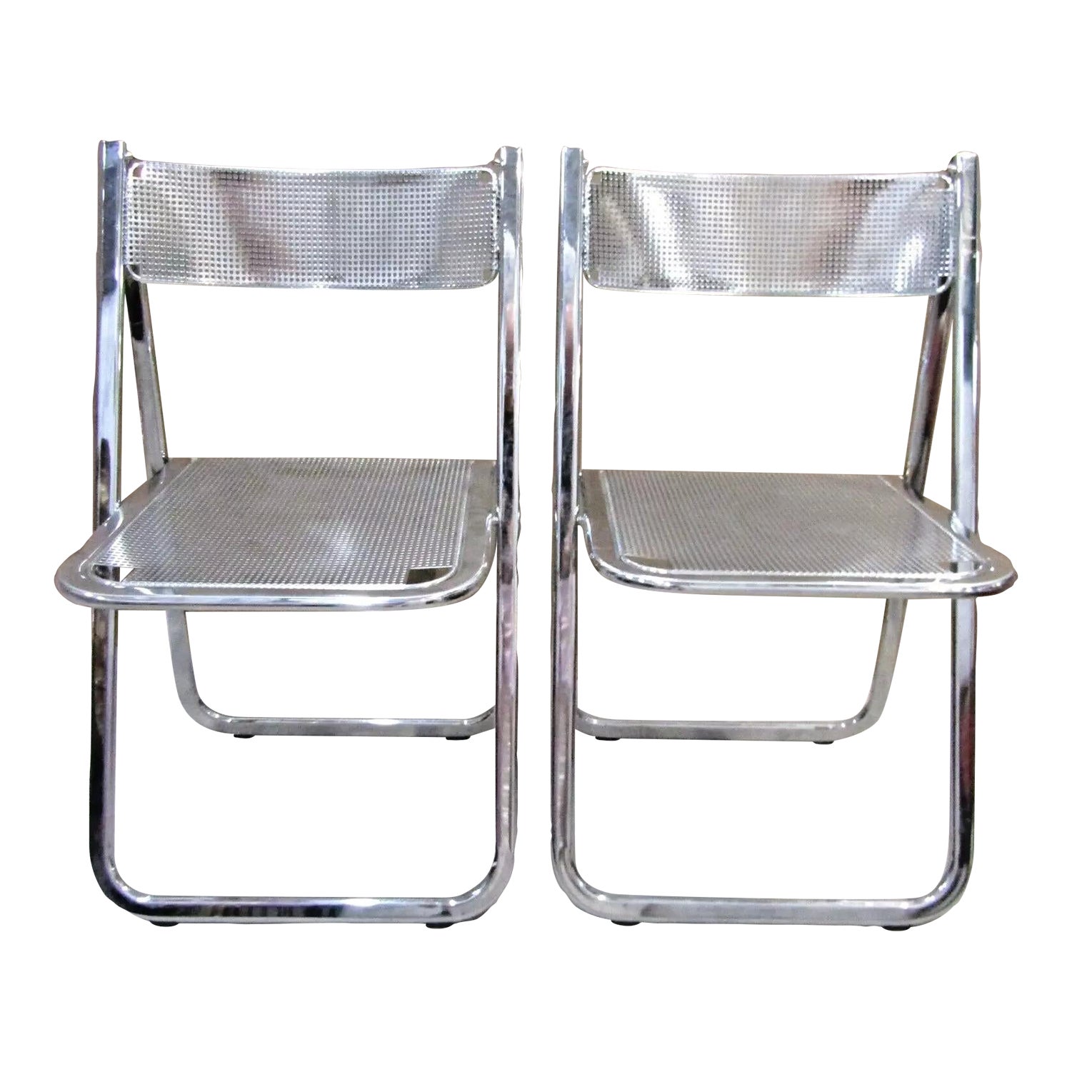 Matching Pair of Perforated Chrome Tamara Folding Chairs From 