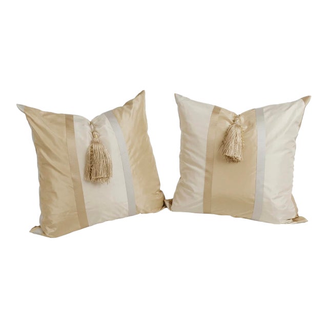 22” Couture‑Inspired Silk‑Like Satin Jacquard Pillows With Tassel & Metal Keeper – Feather Filled – Pair For Sale