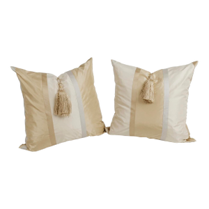 22” Couture‑Inspired Silk‑Like Satin Jacquard Pillows With Tassel & Metal Keeper – Feather Filled – Pair