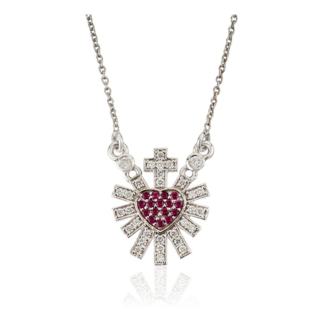 Vintage Inspired Ruby Diamond Sacred Heart Necklace in 14k White Gold For Sale