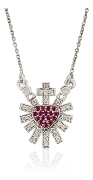 Vintage Inspired Ruby Diamond Sacred Heart Necklace in 14k White Gold