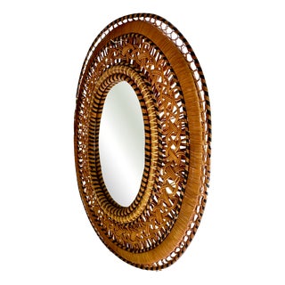 Oval Rattan and Wicker Mirror, 1970 For Sale