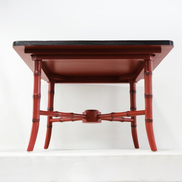 Pair of Vintage Chinese Red Lacquer Side Tables With Faux Bamboo Legs and Heraldic Crest Motif For Sale - Image 13 of 14
