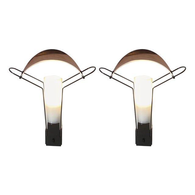 Pair Of Italian Vintage Cooper and Glass Table Lamps By Arteluce Palio For Sale