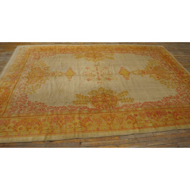 Stunning Ivory Field Color Intricate Geometric Design Antique Oushak Turkish Rug For Sale In New York - Image 6 of 12