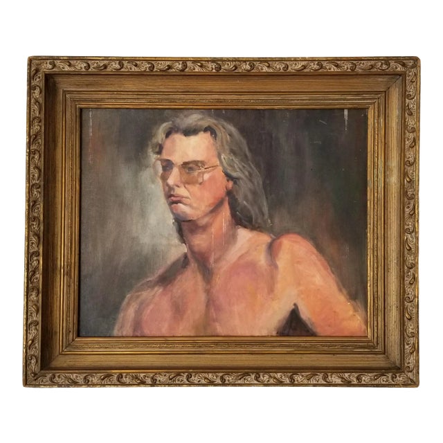 1970s Vintage Artist Study Nude Male Portrait Oil Painting For Sale