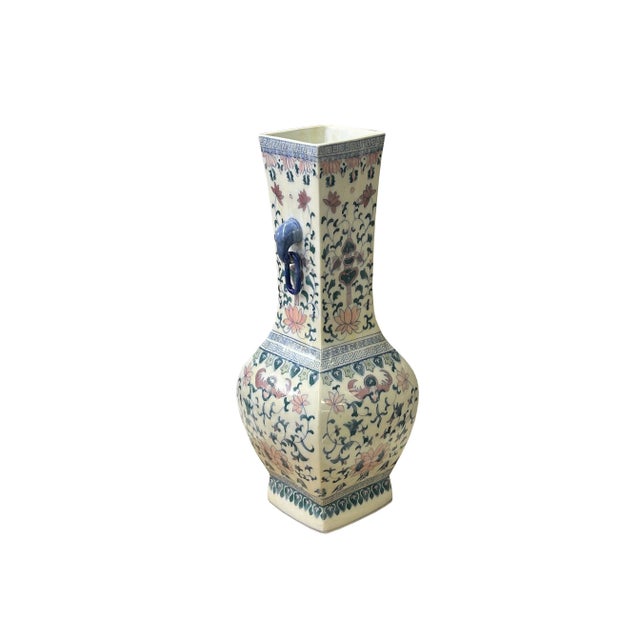 Vintage Oriental Porcelain White Blue Pink Color Flower Bats Graphic Art Vase For Sale - Image 4 of 10