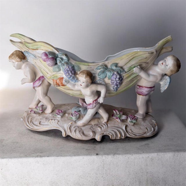 Antique German Porcelain Figural Centerpiece Bowl, of Dresden or Von Schierholz Styles, Hand-Painted Putti For Sale - Image 15 of 15