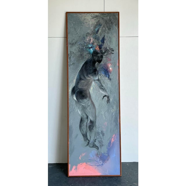 Vintage 1980s Abstract Expressionism Oil on Canvas “Falling Man” Signed Tin Ly For Sale - Image 9 of 12