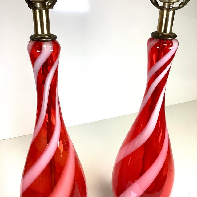 1950s Vintage Mid Century Modern Candy Cane Swirl Striped Red Table Lamps 1950s Murano Glass - a Pair For Sale - Image 5 of 8