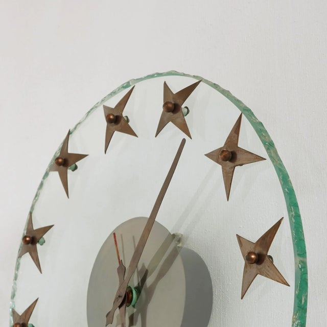 Art Deco Wall Clock in Rough Edged Glass with Brass Stars, 1940s For Sale - Image 3 of 6