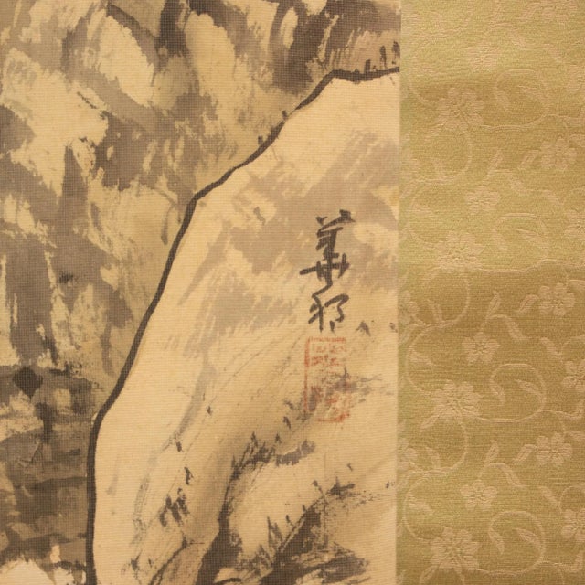 Tan Pre-1940 Showa Japanese Scroll Watercolor Landscape Painting With Temple at Sunrise For Sale - Image 8 of 12