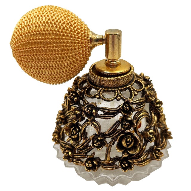Brass 1950 Hollywood Regency Matson Gold Gilt Floral & Glass Perfume Atomizer & Bottle For Sale - Image 8 of 11