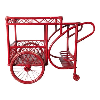 Red Rattan Bar Cart For Sale