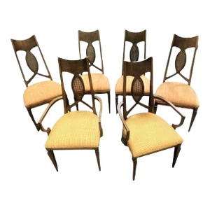 Romweber Invicta Mid 20th Century Burlwood, Walnut, and Cane Dining Chairs - Set of 6