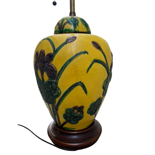 Wood 1950s Marbro Yellow Porcelain Table Lamp With Pleated Shade For Sale - Image 7 of 17