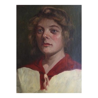 Early 20th Century Woman in Red and White Dress Portrait Painting For Sale
