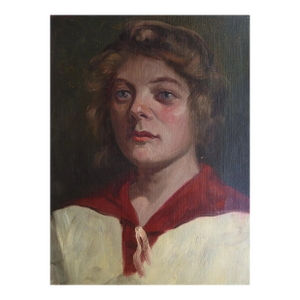 Early 20th Century Woman in Red and White Dress Portrait Painting