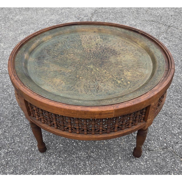 Auburn Vintage Moroccan Hand-Carved Wooden Musharabia Coffee Table With Engraved Brass/Copper Tray Top For Sale - Image 8 of 8