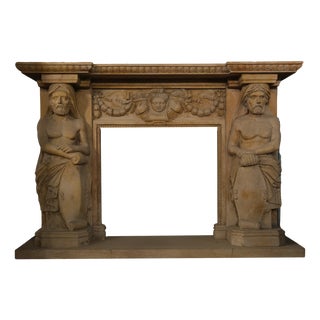 Antique Fireplace in Travertine Marble with Atlases, 1930s For Sale