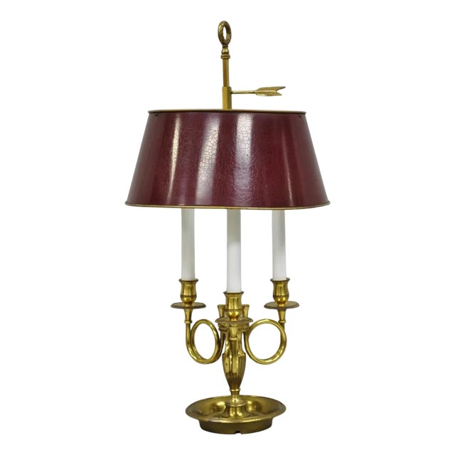 Late 20th Century French Country Empire Brass Trumpet Arm Red Tole Shade Bouillotte Desk Lamp For Sale