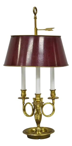 Late 20th Century French Country Empire Brass Trumpet Arm Red Tole Shade Bouillotte Desk Lamp