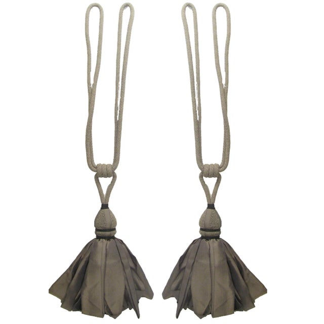 We have taken to calling these our "ballgown" tassels -- in a lovely shade of cool gray, this pair of very large, custom...