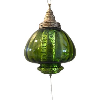 Mid-Century Modern Large Green Glass Globe Hanging Light With Brass & Pull Chain For Sale