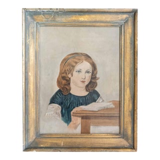 19th Century American Folk Art Portrait Painting of a Girl With a Book, Boston For Sale